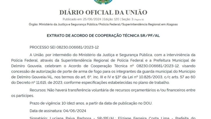 Guarda municipal de Delmiro Gouveia firma termo de cooperação técnica com a Polícia Federal para porte de arma de fogo