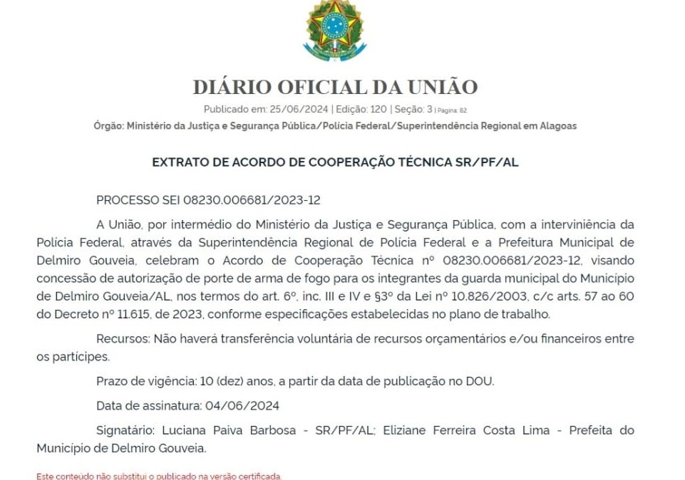 Guarda municipal de Delmiro Gouveia firma termo de cooperação técnica com a Polícia Federal para porte de arma de fogo