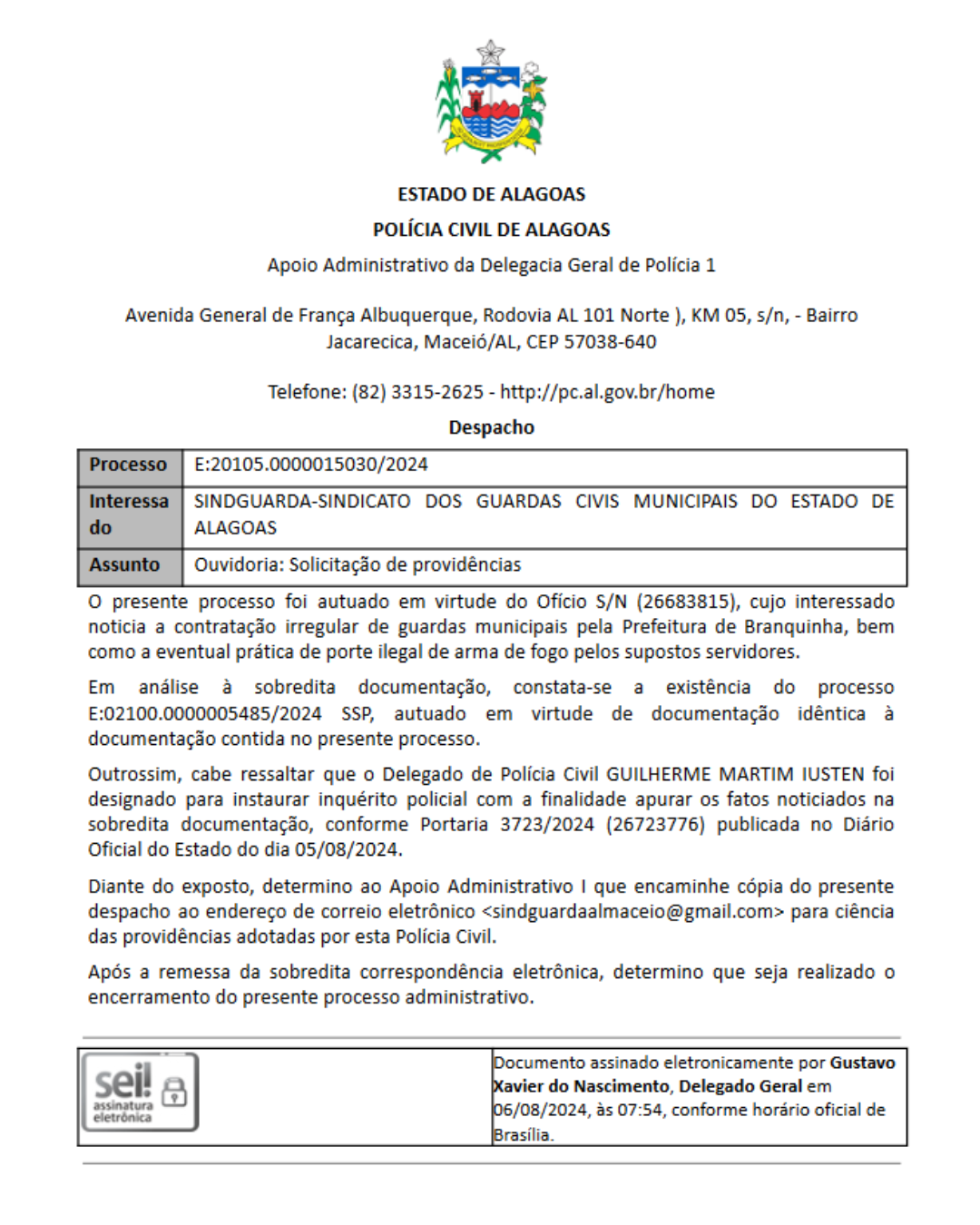 Após denúncia do Sindguarda, delegado é designado para apurar usurpação da função de guarda municipal em Branquinha