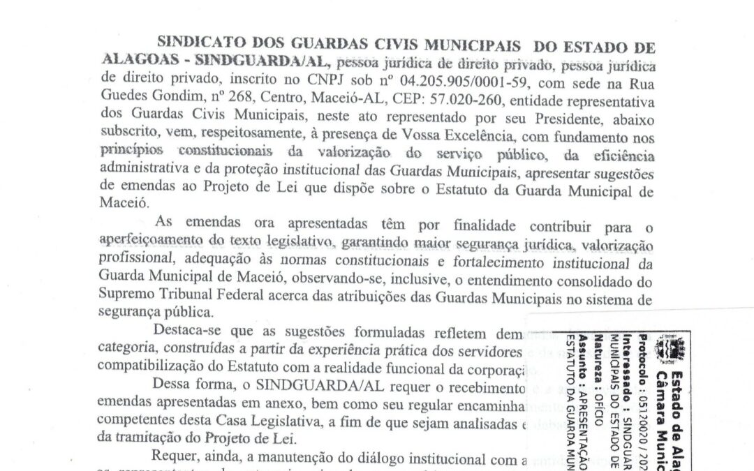 Sindguarda-AL protocola propostas de emendas à reestruturação da Guarda Municipal de Maceió